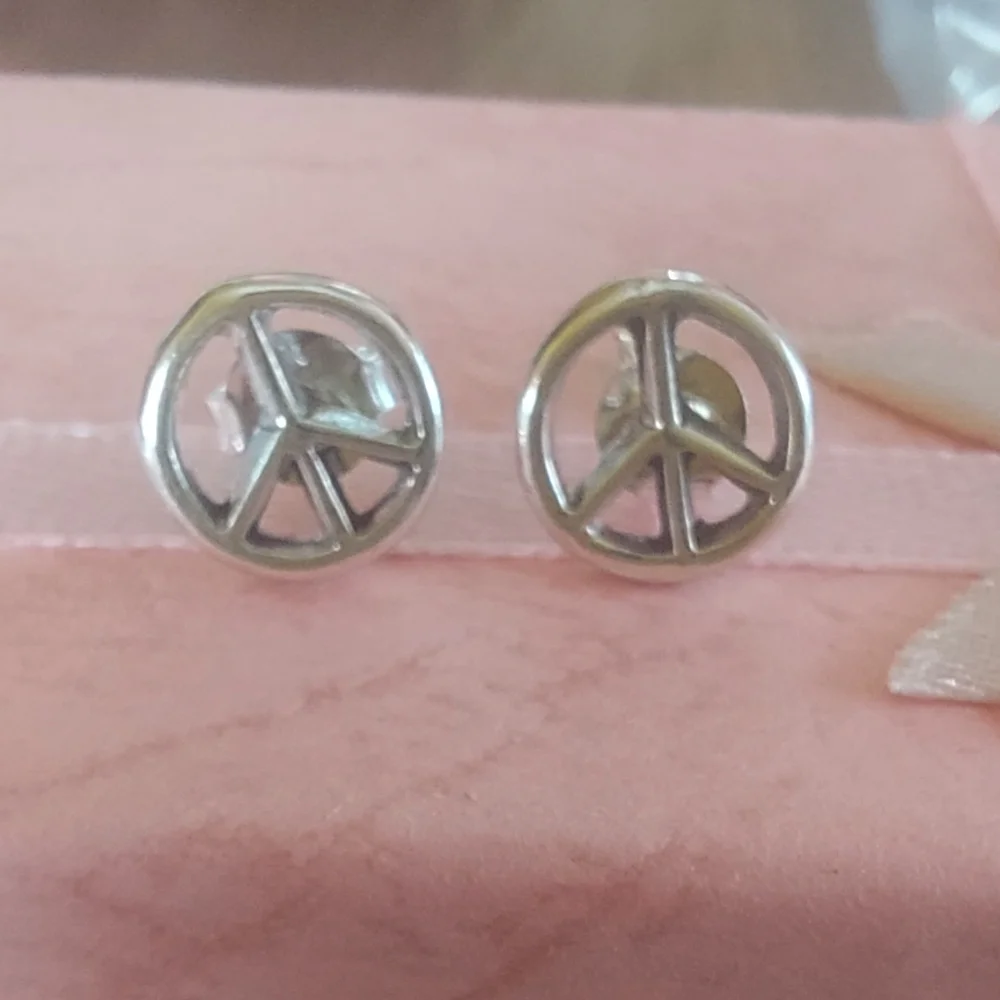 Solid Sterling Silver Peace Sign Stud Earrings - Picture 3 of 5